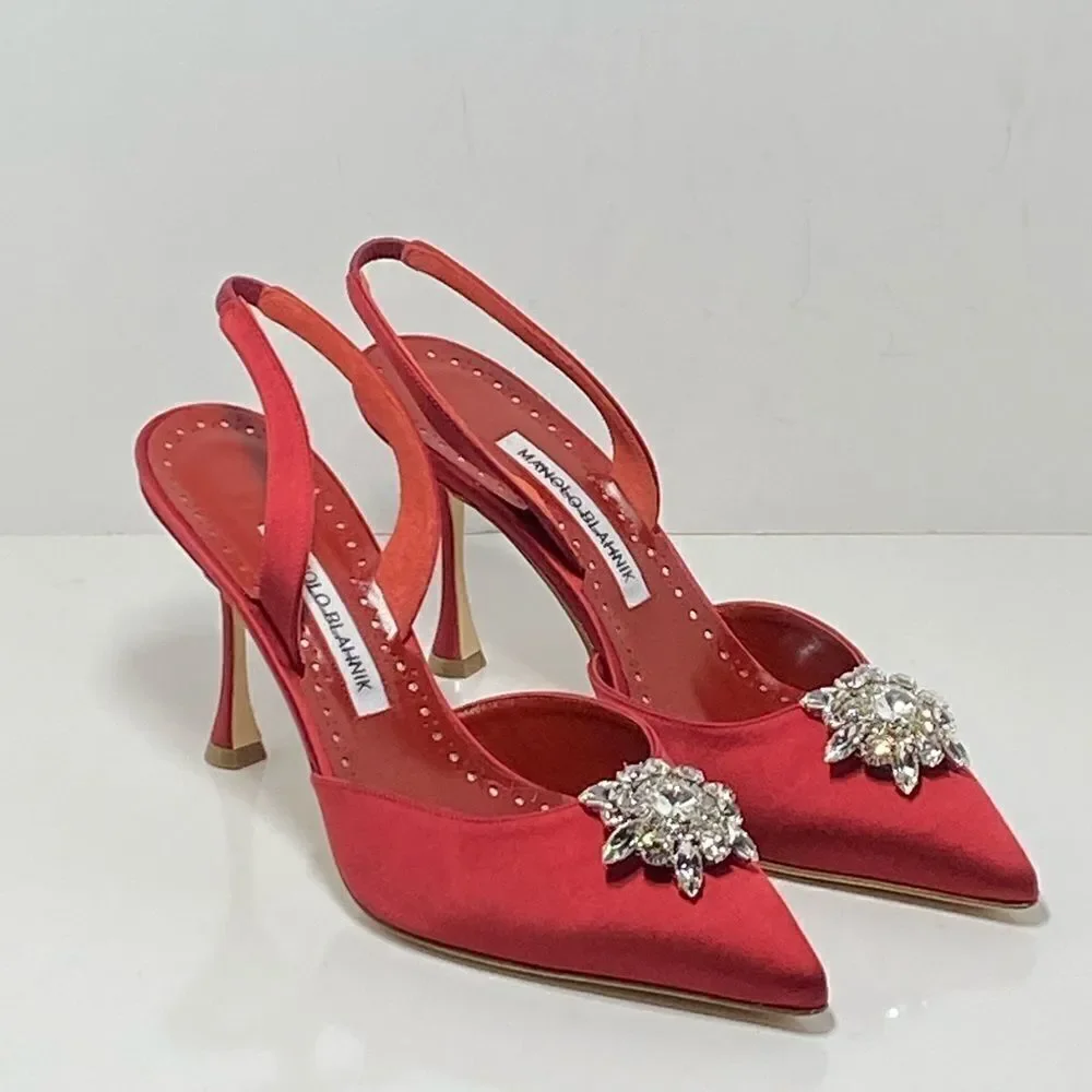Manolo Blahnik Cassinasli Satin Jewel Buckle Slingback Pumps size 39